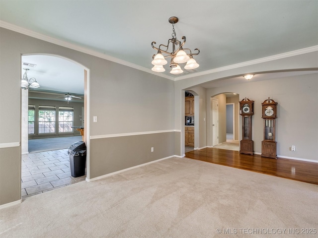 4708 W Indianola St, Broken Arrow, OK 74012 - empty room with arched walkways, carpet, ornamental molding, a ceiling fan, and a chandelier