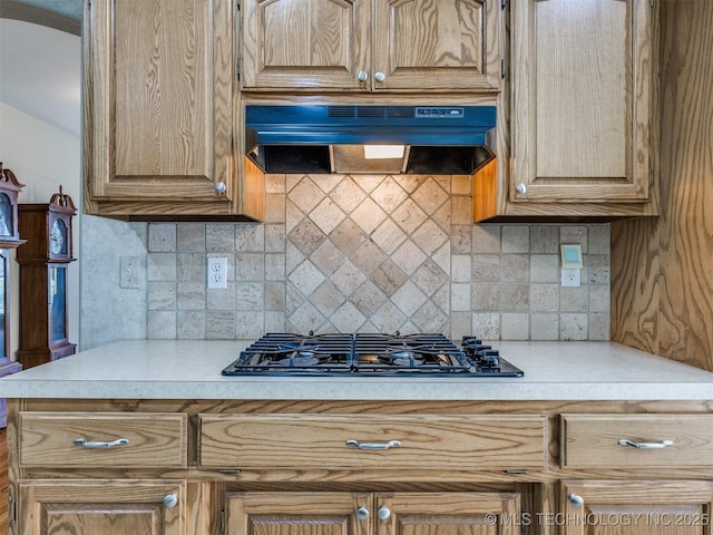 4708 W Indianola St, Broken Arrow, OK 74012 - kitchen featuring custom range hood, light countertops, black gas cooktop, and backsplash