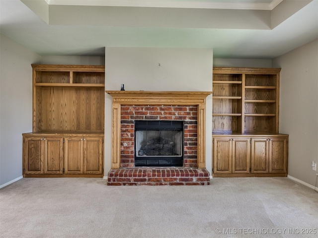 4708 W Indianola St, Broken Arrow, OK 74012 - unfurnished living room with a brick fireplace, light colored carpet, and baseboards