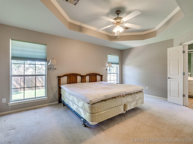 4708 W Indianola St, Broken Arrow, OK 74012 - bedroom featuring a raised ceiling, light carpet, ornamental molding, baseboards, and a ceiling fan