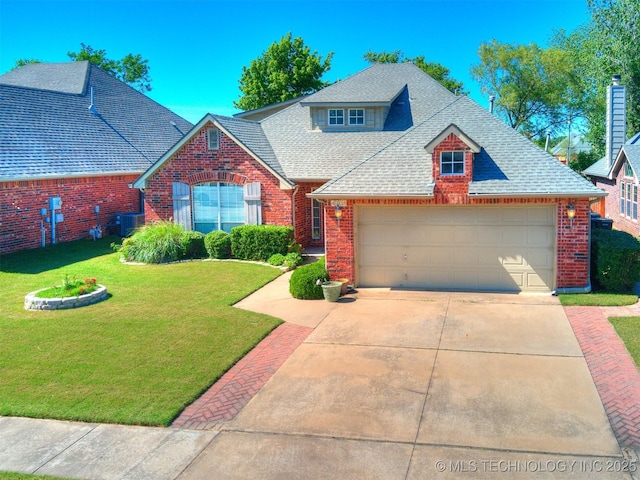 4708 W Indianola St, Broken Arrow, OK 74012 - traditional home with brick siding, a shingled roof, a front lawn, driveway, and central air condition unit
