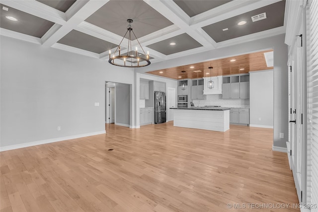 4922 S 81st W Ave, Tulsa, OK 74107 - unfurnished living room featuring baseboards, a chandelier, coffered ceiling, light wood-style floors, and beamed ceiling