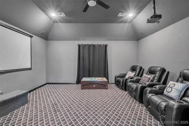 4922 S 81st W Ave, Tulsa, OK 74107 - home theater featuring lofted ceiling, ceiling fan, carpet floors, recessed lighting, and baseboards