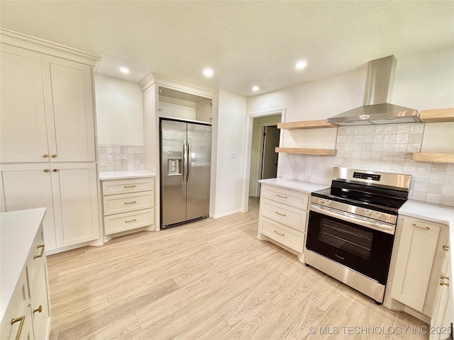 1903 Swan Ln, Mcalester, OK 74501 - kitchen with appliances with stainless steel finishes, open shelves, range hood, light countertops, and backsplash