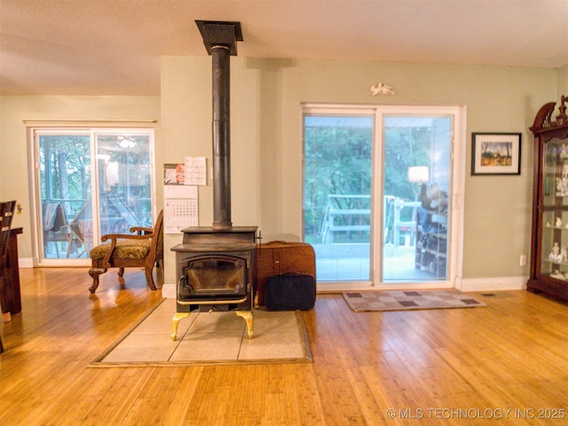 5404 Ranch Rd, Kingston, OK 73439 - living room featuring a wood stove, wood finished floors, and baseboards