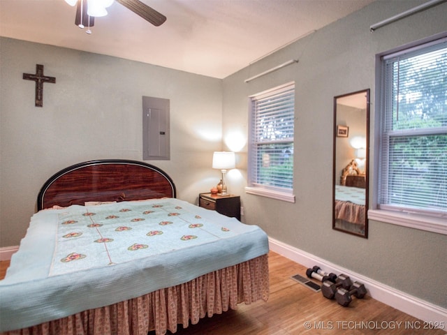 5404 Ranch Rd, Kingston, OK 73439 - bedroom with electric panel, wood finished floors, baseboards, and ceiling fan