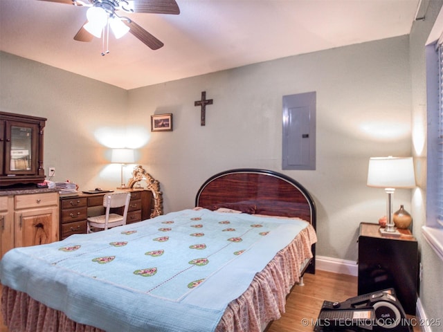 5404 Ranch Rd, Kingston, OK 73439 - bedroom with electric panel, light wood-style flooring, baseboards, and ceiling fan