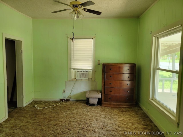 1000 N 6th, Quinton, OK 74561 - bedroom with carpet, a textured ceiling, cooling unit, crown molding, and ceiling fan