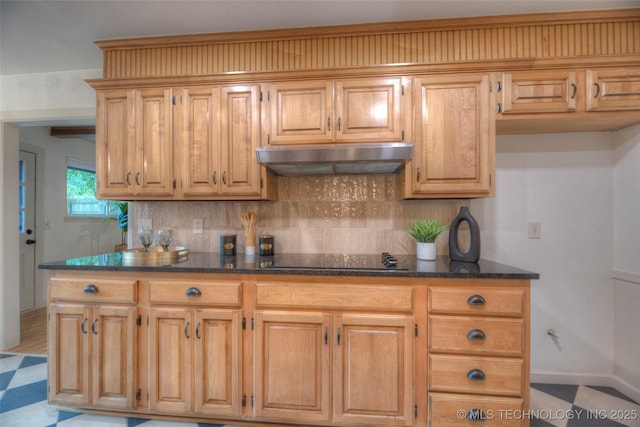 8221 S 74th E Ave, Tulsa, OK 74133 - kitchen with black electric stovetop, tasteful backsplash, dark stone counters, under cabinet range hood, and baseboards