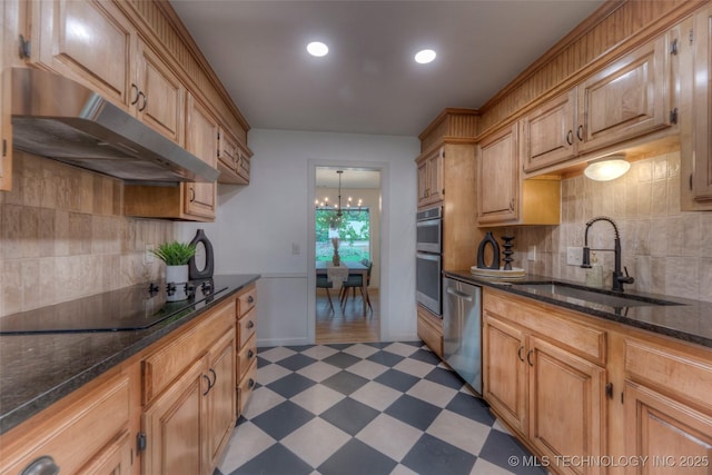 8221 S 74th E Ave, Tulsa, OK 74133 - kitchen featuring stainless steel appliances, light floors, under cabinet range hood, a sink, and tasteful backsplash