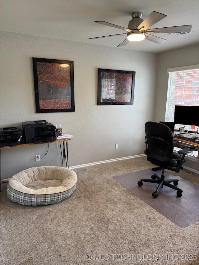 9701 N 98th E Ave, Owasso, OK 74055 - office area featuring carpet, baseboards, and ceiling fan