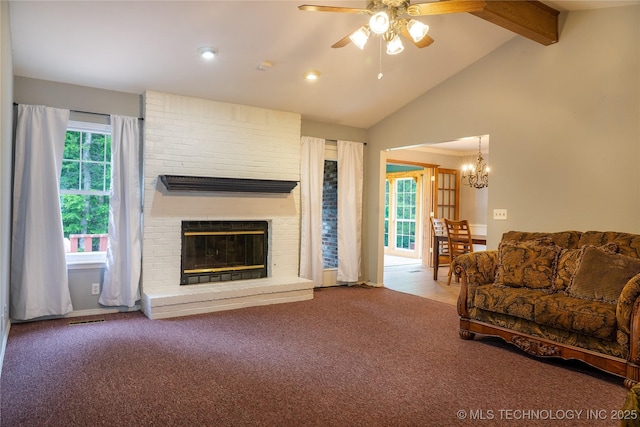 4605 Skylane Dr, Sand Springs, OK 74063 - living room featuring a ceiling fan, carpet, a chandelier, a brick fireplace, and recessed lighting