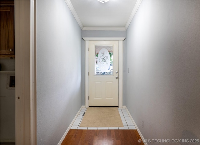 4605 Skylane Dr, Sand Springs, OK 74063 - doorway to outside featuring baseboards, wood finished floors, and crown molding