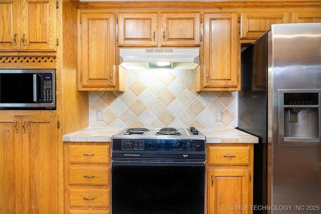 4605 Skylane Dr, Sand Springs, OK 74063 - kitchen featuring stainless steel appliances, under cabinet range hood, tile counters, and backsplash