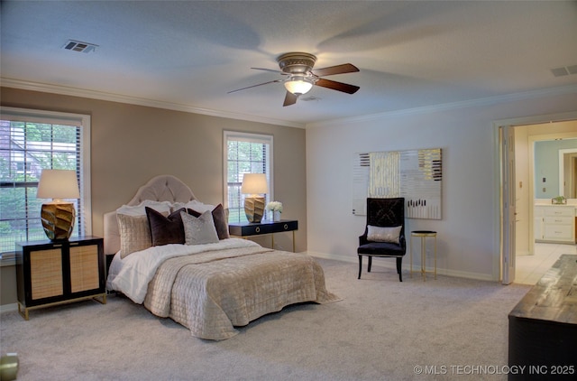 10520 S 69th E Ave, Tulsa, OK 74133 - bedroom featuring light colored carpet, crown molding, multiple windows, baseboards, and a ceiling fan