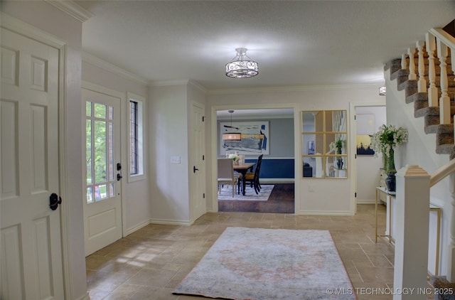 10520 S 69th E Ave, Tulsa, OK 74133 - foyer featuring stairway, stone tile flooring, baseboards, and crown molding
