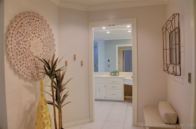10520 S 69th E Ave, Tulsa, OK 74133 - bathroom with vanity, crown molding, tile patterned floors, baseboards, and recessed lighting