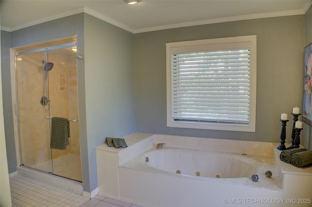 10520 S 69th E Ave, Tulsa, OK 74133 - full bathroom featuring a stall shower, a tub with jets, tile patterned flooring, crown molding, and baseboards