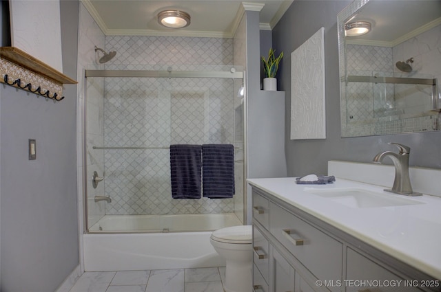 10520 S 69th E Ave, Tulsa, OK 74133 - full bath with crown molding, vanity, toilet, combined bath / shower with glass door, and marble finish flooring
