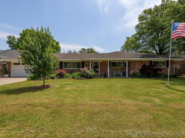 1122 Greystone Ave, Bartlesville, OK 74006 - ranch-style house with a garage, a front yard, brick siding, and concrete driveway
