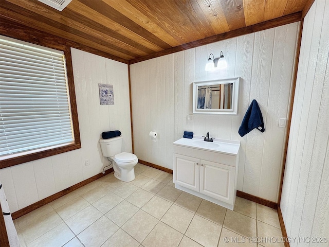 15588 N Sunset Valley Rd, Hulbert, OK 74441 - bathroom featuring wood ceiling, vanity, toilet, tile patterned floors, and wood walls