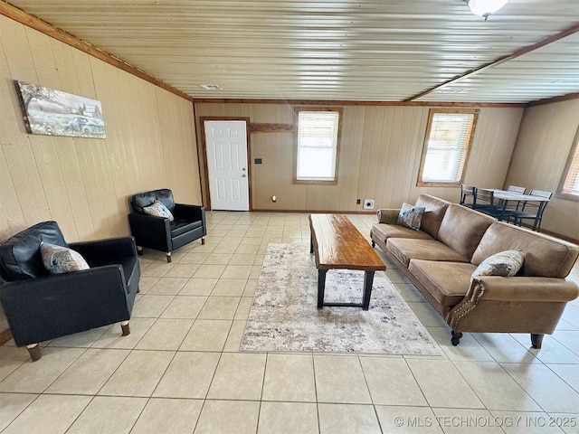 15588 N Sunset Valley Rd, Hulbert, OK 74441 - living room with light tile patterned flooring, wooden walls, wood ceiling, and crown molding