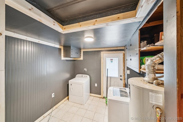 303 SE 3rd St, Pryor, OK 74361 - laundry room with washer / clothes dryer, light tile patterned floors, water heater, and baseboards