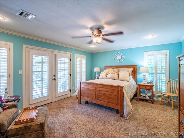20 Quail, Mcalester, OK 74501 - bedroom featuring access to exterior, crown molding, carpet flooring, french doors, and ceiling fan