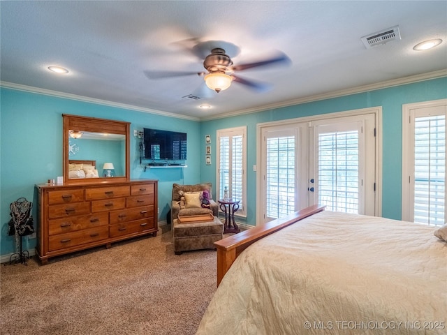 20 Quail, Mcalester, OK 74501 - bedroom featuring access to exterior, ornamental molding, multiple windows, carpet floors, and recessed lighting