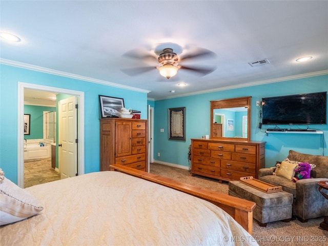 20 Quail, Mcalester, OK 74501 - carpeted bedroom featuring ornamental molding, recessed lighting, a ceiling fan, connected bathroom, and baseboards