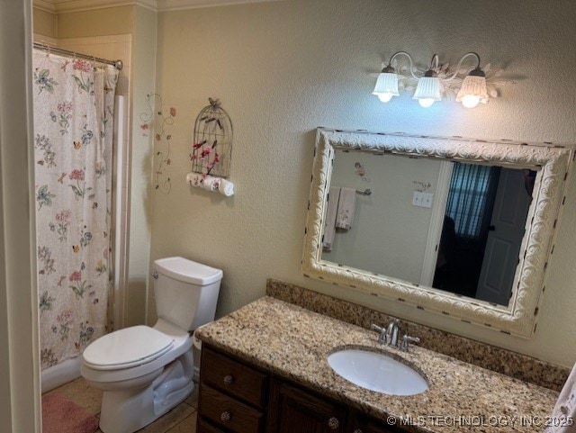 20 Quail, Mcalester, OK 74501 - bathroom with toilet, vanity, curtained shower, and crown molding