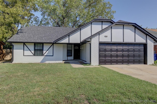 1904 W Honolulu St, Broken Arrow, OK 74012 - english style home featuring brick siding, a garage, a front yard, and a shingled roof