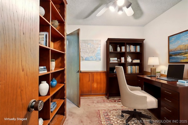 73645 Cyclone Cir, Wagoner, OK 74467 - office space with ceiling fan, carpet, a wainscoted wall, and wooden walls