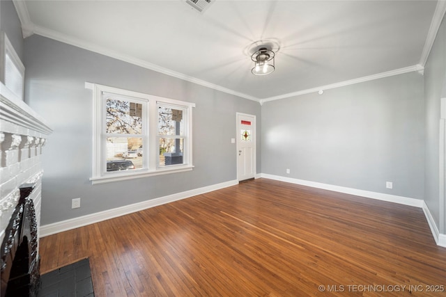 1232 S Gary Pl, Tulsa, OK 74104 - unfurnished living room featuring a fireplace, crown molding, dark wood-style floors, and baseboards