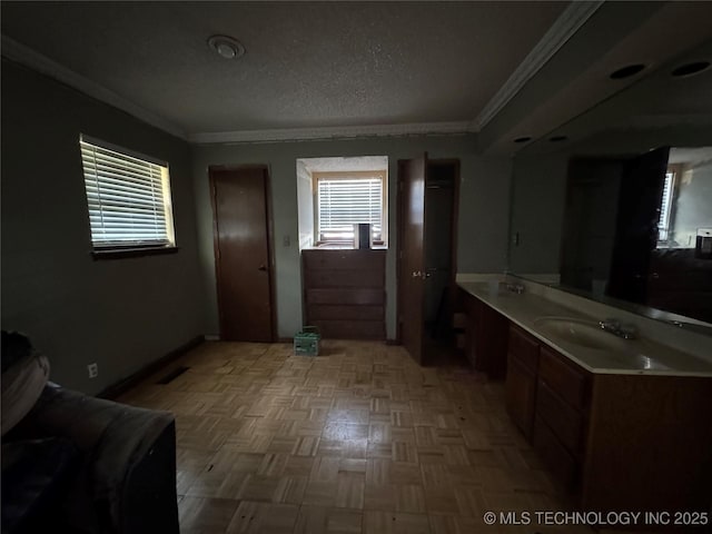 10653 E 18th St, Tulsa, OK 74128 - bathroom with crown molding, a textured ceiling, and vanity