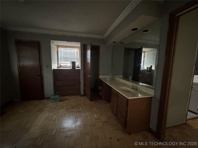 10653 E 18th St, Tulsa, OK 74128 - bathroom with ornamental molding, vanity, and a textured ceiling
