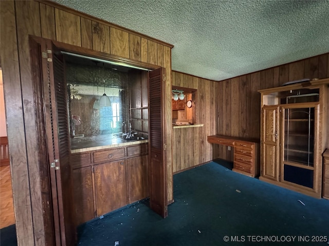 10653 E 18th St, Tulsa, OK 74128 - bar area with wood walls, a textured ceiling, and a sink