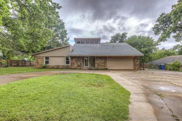 8424 Harp Blvd, Broken Arrow, OK 74014 - mid-century inspired home with an attached garage, driveway, stone siding, and a shingled roof