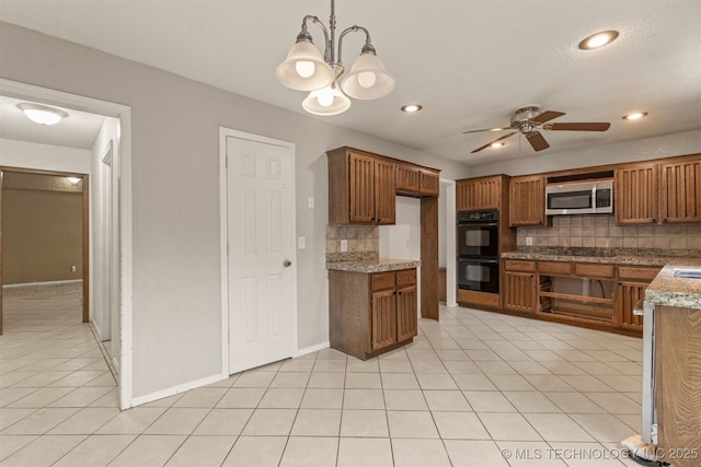 8424 Harp Blvd, Broken Arrow, OK 74014 - kitchen featuring backsplash, stainless steel microwave, brown cabinetry, ceiling fan, and recessed lighting