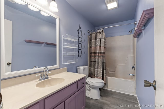 4012 S Cedar Ave, Broken Arrow, OK 74011 - full bathroom featuring toilet, wood finished floors, vanity, and shower / bathtub combination with curtain