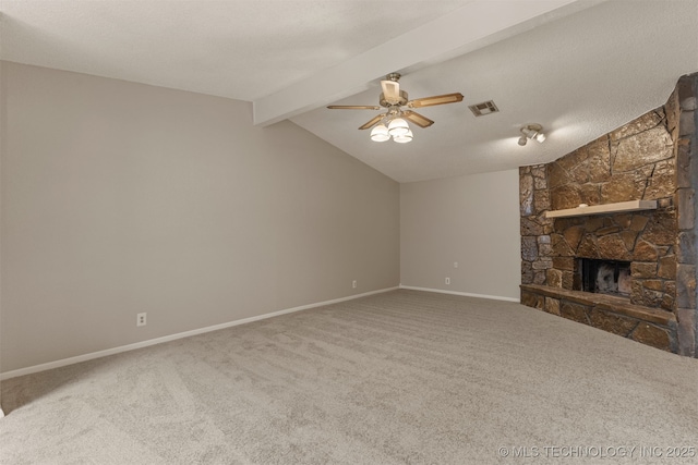 4012 S Cedar Ave, Broken Arrow, OK 74011 - unfurnished living room featuring carpet flooring, a fireplace, a ceiling fan, and baseboards
