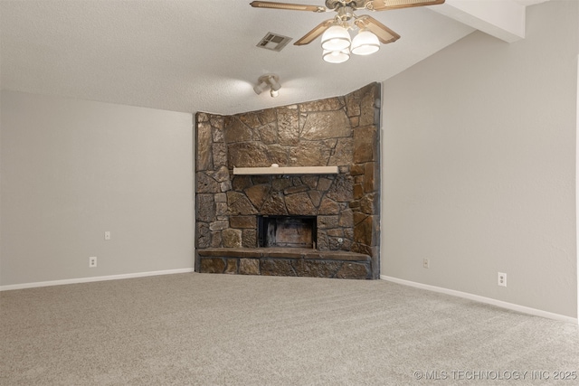 4012 S Cedar Ave, Broken Arrow, OK 74011 - unfurnished living room featuring carpet floors, a ceiling fan, a fireplace, vaulted ceiling, and baseboards