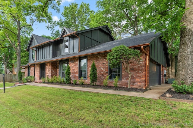 7802 S Joplin Ave, Tulsa, OK 74136 - view of front of house with board and batten siding, an attached garage, brick siding, cooling unit, and a shingled roof