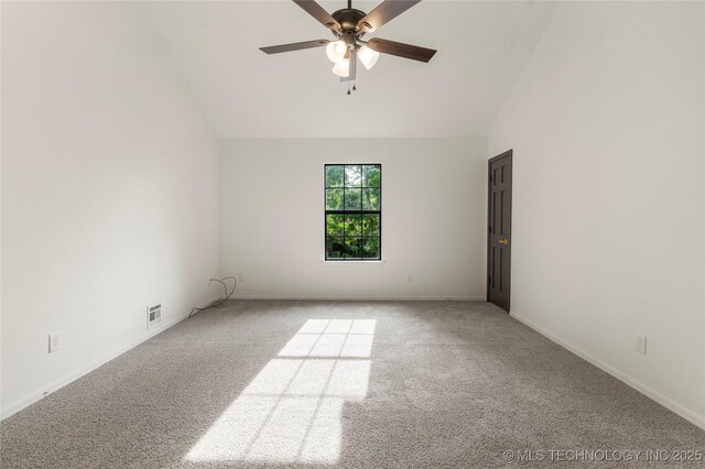 7802 S Joplin Ave, Tulsa, OK 74136 - spare room with carpet flooring, ceiling fan, baseboards, and high vaulted ceiling