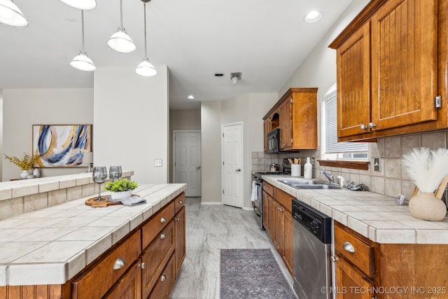 12326 S Cedar Ave, Jenks, OK 74037 - kitchen featuring appliances with stainless steel finishes, a sink, tile countertops, backsplash, and brown cabinets