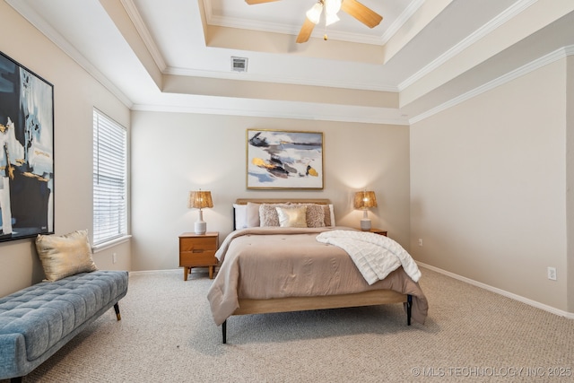 12326 S Cedar Ave, Jenks, OK 74037 - carpeted bedroom featuring a tray ceiling, crown molding, baseboards, and ceiling fan