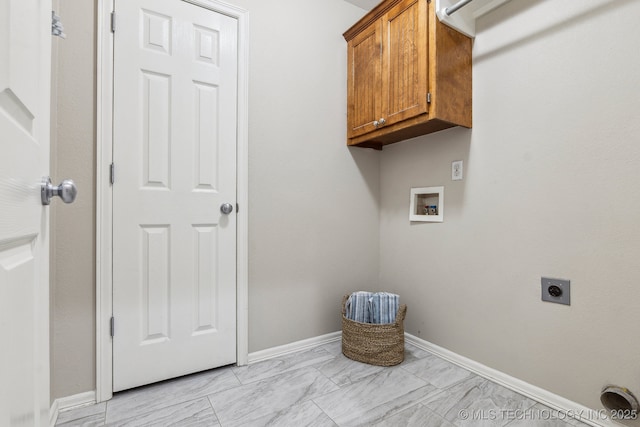 12326 S Cedar Ave, Jenks, OK 74037 - washroom featuring cabinet space, electric dryer hookup, light marble finish flooring, hookup for a washing machine, and baseboards
