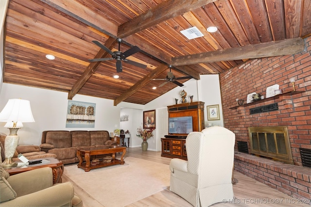 1510 Bowden Pl, Fort Gibson, OK 74434 - living area with ceiling fan, wood ceiling, a fireplace, wood finished floors, and baseboards