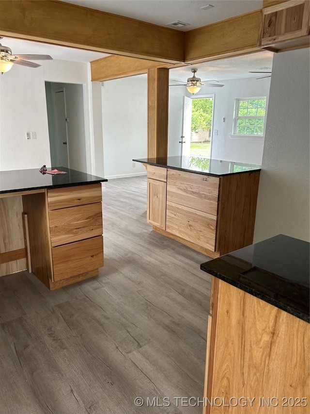 4613 N Main St E, Tulsa, OK 74115 - kitchen with ceiling fan, light wood-style floors, and dark countertops