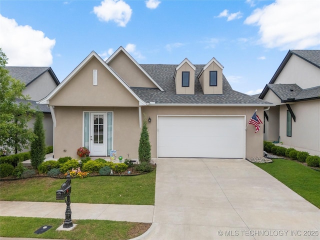 1228 W 85th Ct S, Tulsa, OK 74132 - view of front facade featuring an attached garage, stucco siding, a front yard, driveway, and a shingled roof